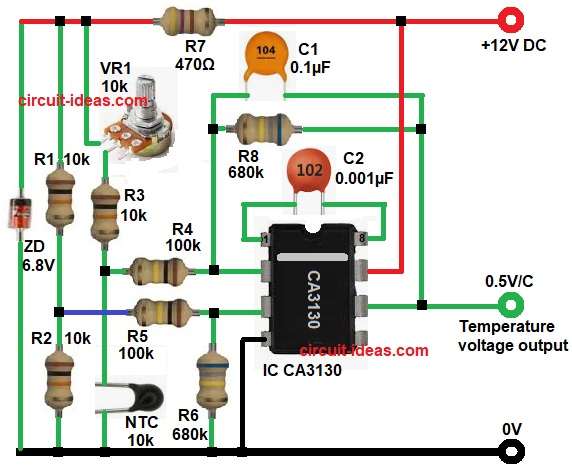 NTC Thermistor Based Temperature to Voltage Converter Circuit Diagram