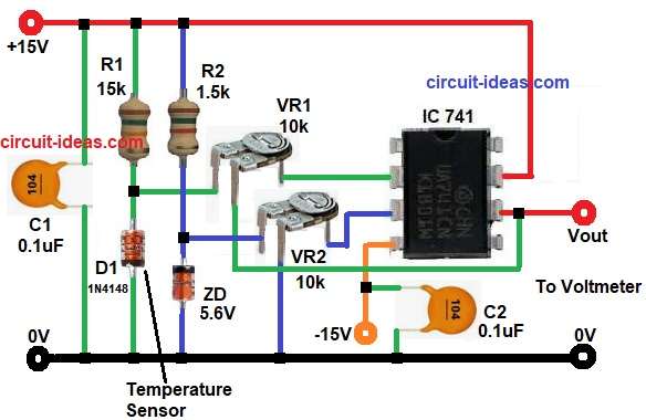 Op-Amp Based Diode Temperature Sensor Circuit Diagram