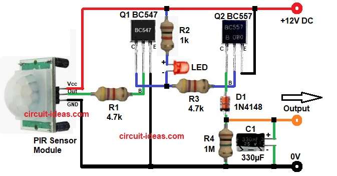 PIR Sensor Based PNP Switching Circuit Diagram for Output Control