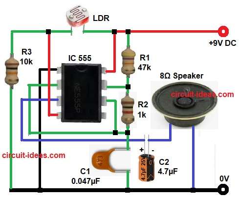 Simple LDR Based Light Detector Circuit Diagram using Timer 555 IC