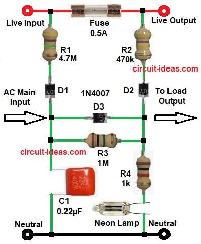 Simple Neon Lamp Fuse Blow Alarm Circuit Diagram