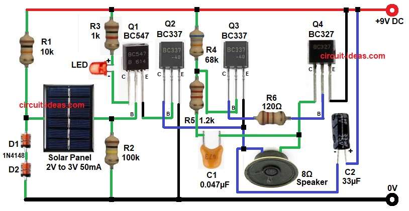 Solar Sensor Based Security Alarm Circuit Diagram using Transistors
