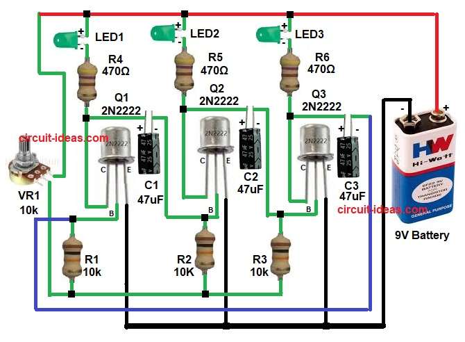 Three LED Blinking Circuit Diagram with NPN Transistors
