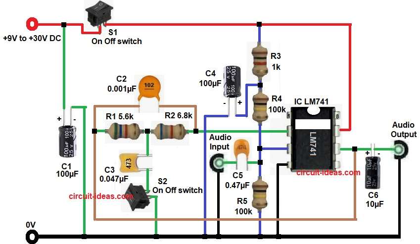 741 Op-Amp Treble Booster Circuit Diagram