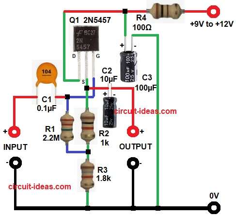 Simple High Impedance JFET Preamp Circuit Diagram