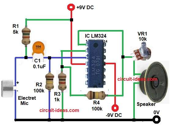 Simple LM324 Microphone Amplifier Circuit Diagram